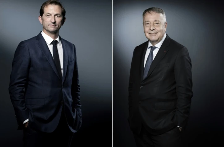 Photomontage réalisé le 3 septembre 2020 des portraits du directeur général de Suez, Bertrand Camus (G) posant le 14 novembre 2019 à Paris et et de celui du PDG de Veolia Antoine Frérot photographié le 10 janvier 2018 à Paris