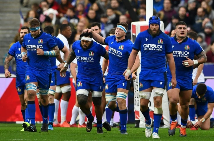 Les Italiens après un essai contre la France dans le Tournoi des six nations, le 9 février 2020 au Stade de France à Saint-Denis  