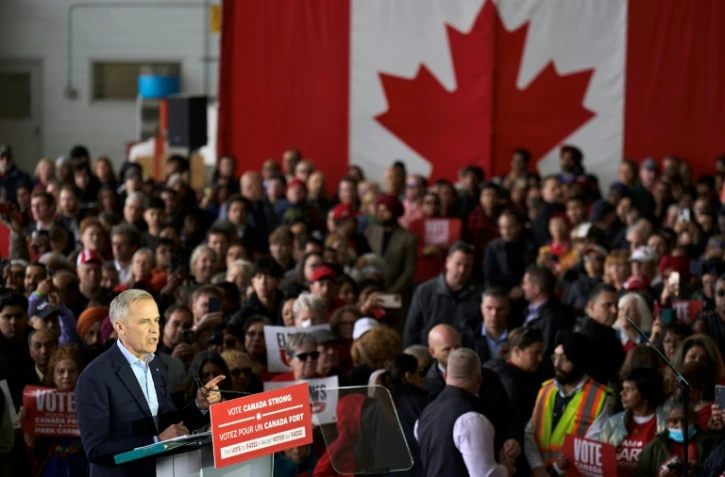 Le candidat libéral et Premier ministre canadien Mark Carney pour l'un des derniers meetings de campagne à Mississauga, le 27 avril 2025