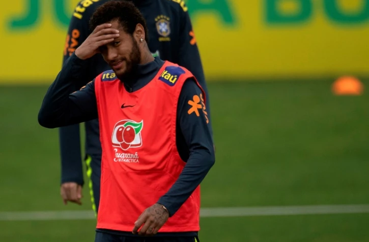 La star de l'équipe du Brésil Neymar à l'entraînement dans le cadre de la préparation à la Copa America au Brésil, le 2 juin 2019 à Teresopolis, dans l'Etat de Rio de Janeiro