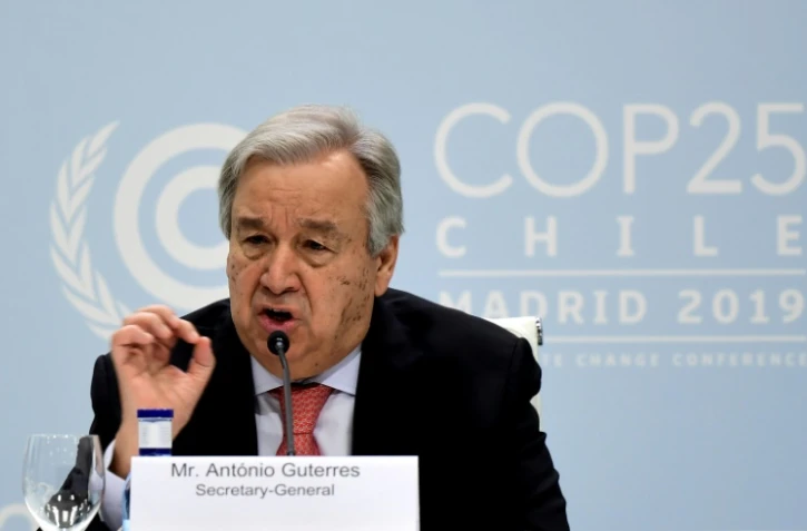 Le secrétaire général de l'Onu Antonio Guterres lors d'une conférence de presse, à la veille de l'ouverture de la COP25, le 1er décembre 2019 à Madrid, en Espagne