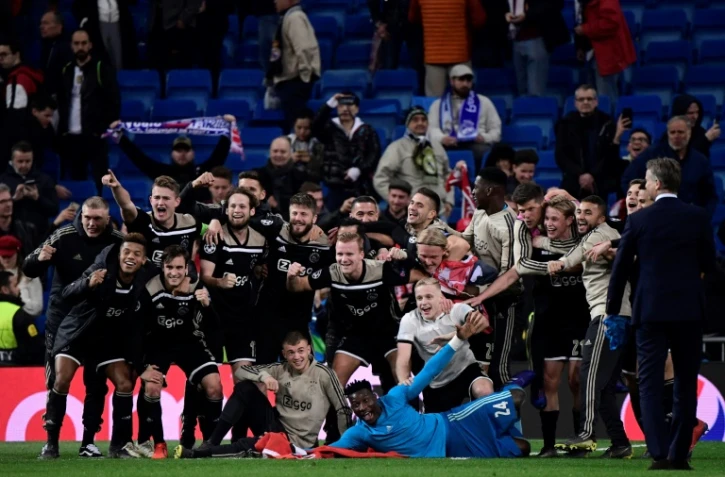Les joueurs de l'Ajax qualifiés pour les quarts de finale de la Ligue des champions après la victoire sur le Real Madrid 4-1 le 5 mars 2019