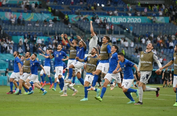 La joie des Italiens après avoir battu le pays de Galles, 1-0, lors de la 3e journée du groupe A à l'Euro 2020, le 20 juin 2021 à Rome 
