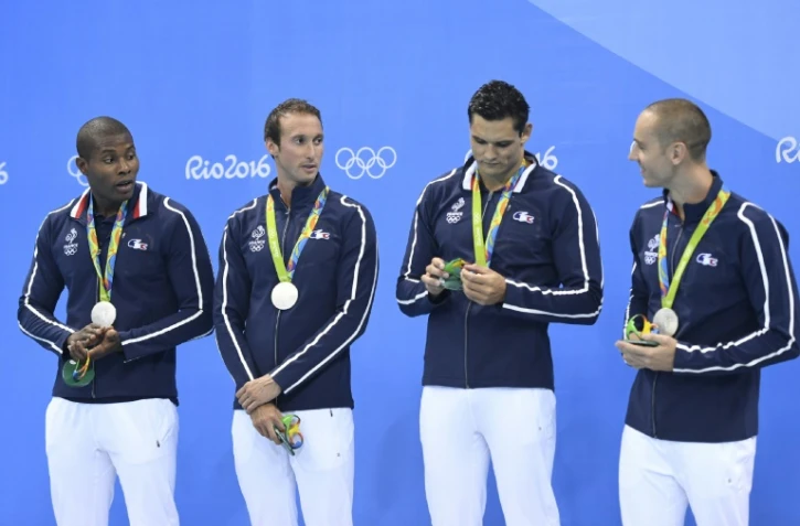 Les relayeurs du 4x100 m nage libre français, médaillés d'argent aux JO de Rio, le 7 août 2016