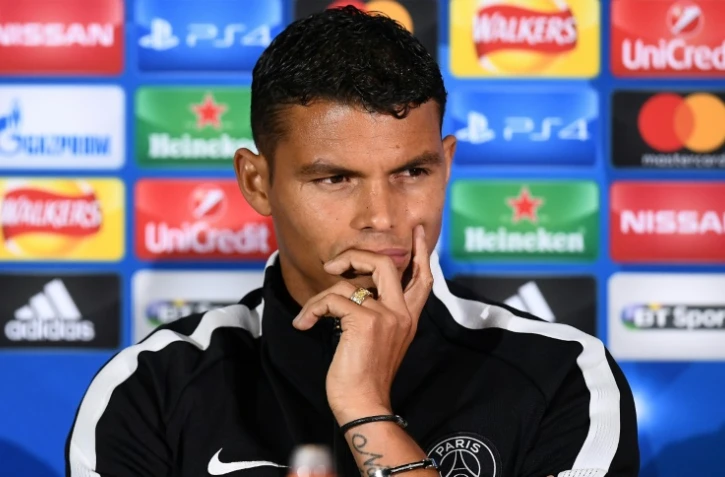 Le capitaine du PSG Thiago Silva lors de la conférence de presse de veille de match au Celtic Park, le 11 septembre 2017