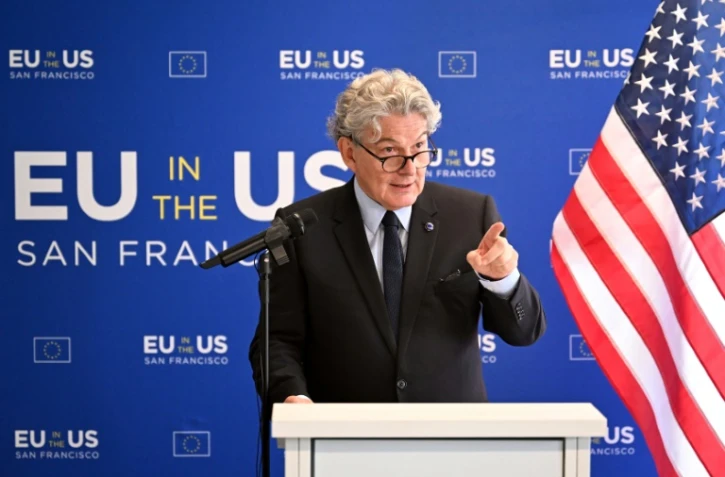 Le commissaire européen chargé du marché intérieur, Thierry Breton, s'exprime lors d'une conférence de presse à San Francisco, le 22 juin 2023