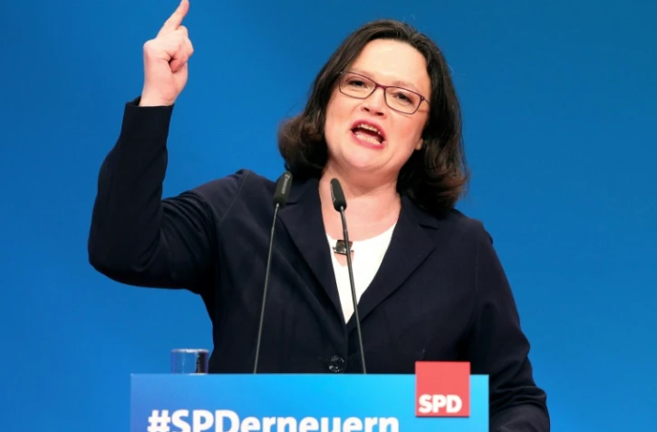 Andrea Nahles, nouvelle présidente du Parti social-démocrate allemand, prononce un discours pendant le congrès du SPD à Wiesbaden