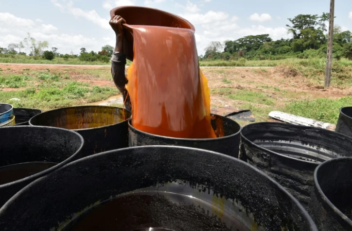Une femme remplit des barils d'huile de palme en Côte d'Ivoire