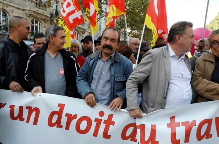 Philippe Martinez (c), secrétaire général de la CGT, le 21 septembre 2017 à Paris