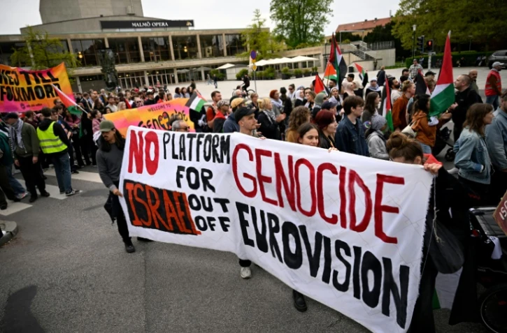 Des manifestants réunis contre la participation d'Israël à la 68e édition du concours de l'Eurovision à Malmö en Suède, le 9 mai 2024