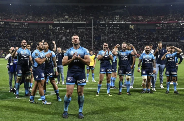 Les joueurs de Montpellier tout à leur joie après la qualification pour la finale du Top 14 aux dépens du LOU le 25 mai 2018 à Décines-Charpieu, près de Lyon   