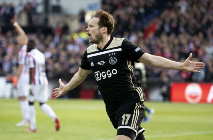 Le défenseur de l'Ajax Amsterdam Daley Blind exulte après avoir inscrit un but en finale de la Coupe des Pays-Bas contre Rotterdam, le 5 mai 2019 à Rotterdam