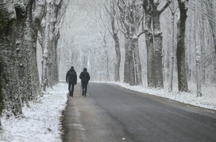 Des promeneurs sur une route au milieu d'une forêt enneigée, le 1er avril 2022 à Arras, dans le Pas-de-Calais