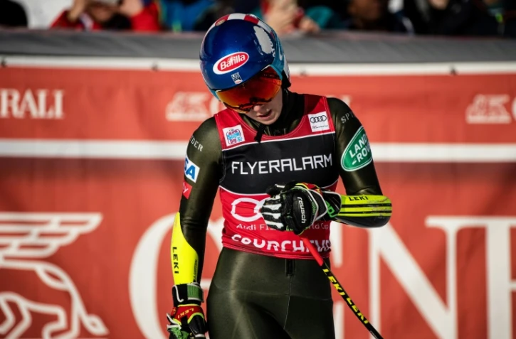 L'Américaine Mikaela Shiffrin dans l'aire d'arrivée du slalom géant de Courchevel, le 17 décembre 2019