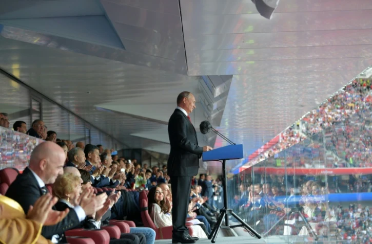 Le président russe Vladimir Poutine fait sa déclaration d'ouverture de la Coupe du monde, le 14 juin 2018 à Moscou 
