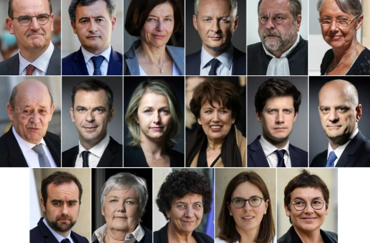 De G à D et de haut en bas: Jean Castex; Gérald Darmanin; Florence Parly; Bruno Le Maire; Eric Dupond-Moretti; Elisabeth Borne; Jean-Yves Le Drian; Olivier Veran; Barbara Pompili; Roseline Bachelot; Julien Denormandie; Jean-Michel Blanquer; Sébastien Lecornu; Jacqueline Gourault; Frédérique Vidal; Amélie de Montchalin et Annick Girardin