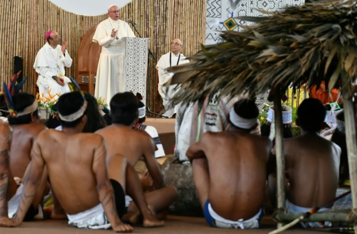 Le pape François lors d'une réunion avec des représentants des communautés indigènes du bassin amazonien à Puerto Maldonado, le 19 janvier 2018, au Pérou