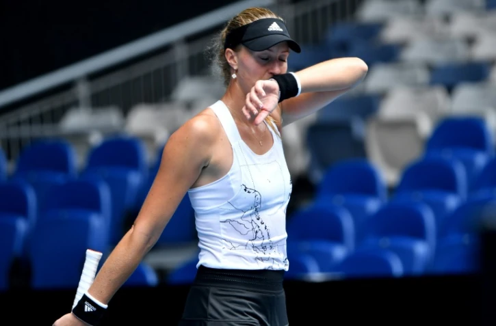 La Française Kristina Mladenovic, après sa défaite face à l'Américaine Jessica Pegula, au 3e tour de l'Open d'Australie, le 13 février 2021 à Melbourne