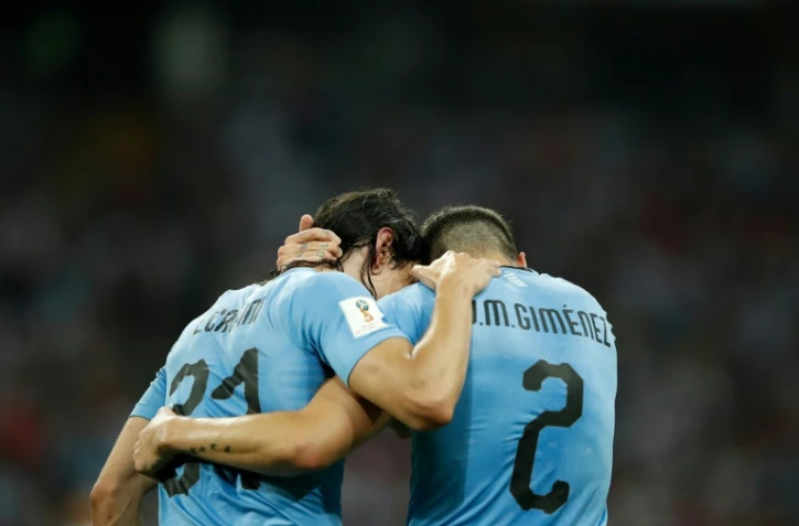 Les Uruguayens Edinson Cavani et Jose Gimenez, le 30 juin 2018, à Sotchi, face au Portugal