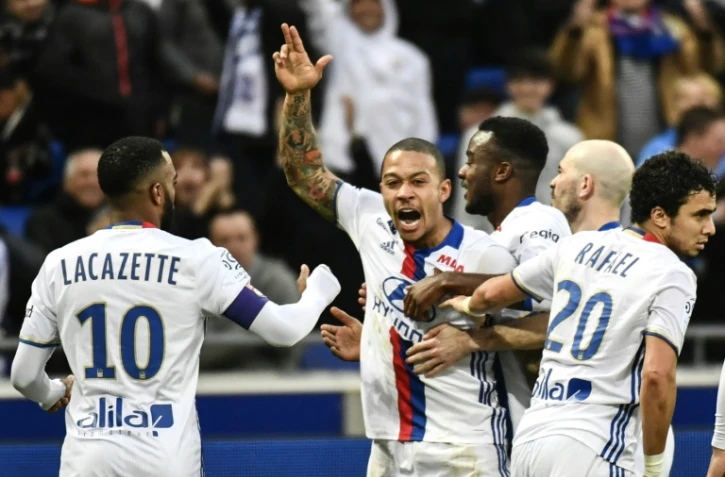 L'attaquant de Lyon Memphis Depay (c) auteur d'un doublé face à Metz au Parc OL, le 26 février 2017