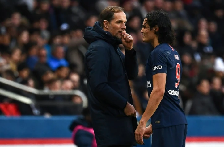 L'entraîneur Thomas Tuchel (g) et Edinson Cavani lors du match face à Bordeaux le 9 février 2019