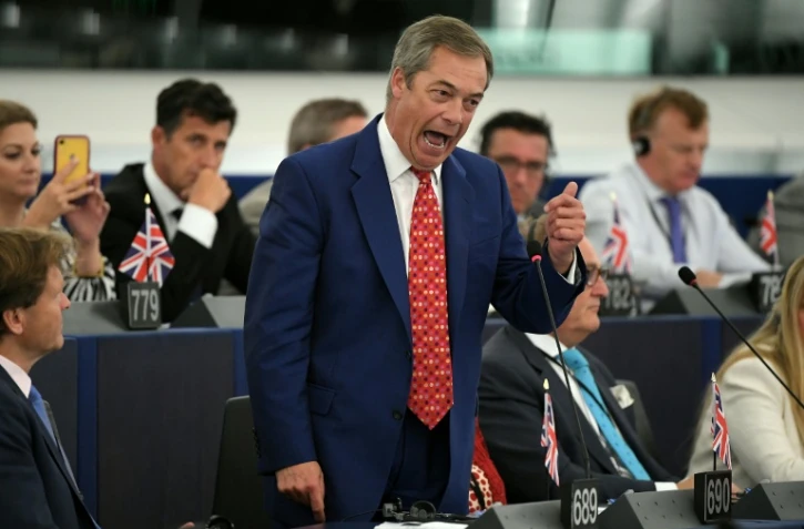 L'eurodéputé Nigel Farage, leader des partisans du Brexit, prenant la parole dans l'hémicycle du Parlement européen à Strasbourg, le 18 septembre 2019
