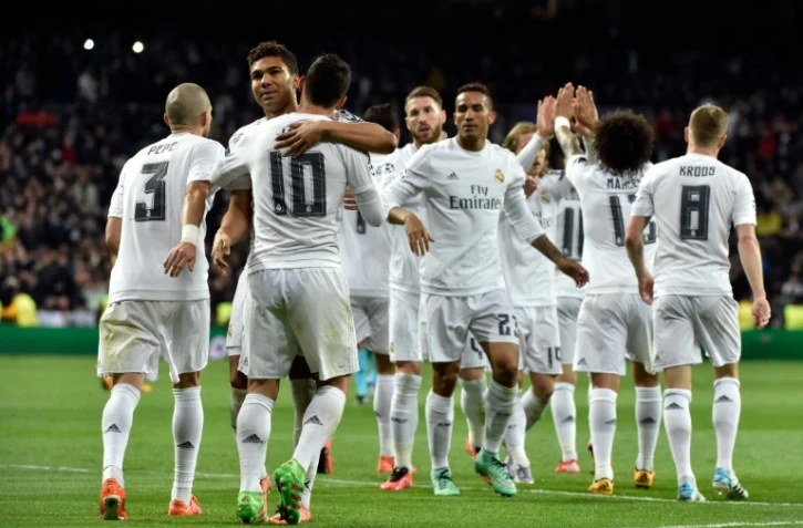 La joie des joueurs du Real Madrid après le but de James Rodriguez contre l'AS Rome, le 8 mars 2016 à Bernabeu