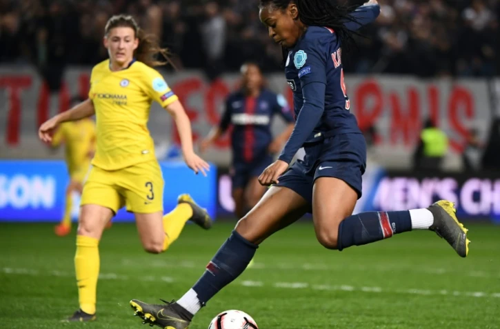 L'attaquante du Paris-SG, Marie-Antoinette Katoto (d), lors du quart de finale retour de la Ligue des champions face Ă Chelsea, au stade Jean Bouin Ă Paris, le 27 mars 2019