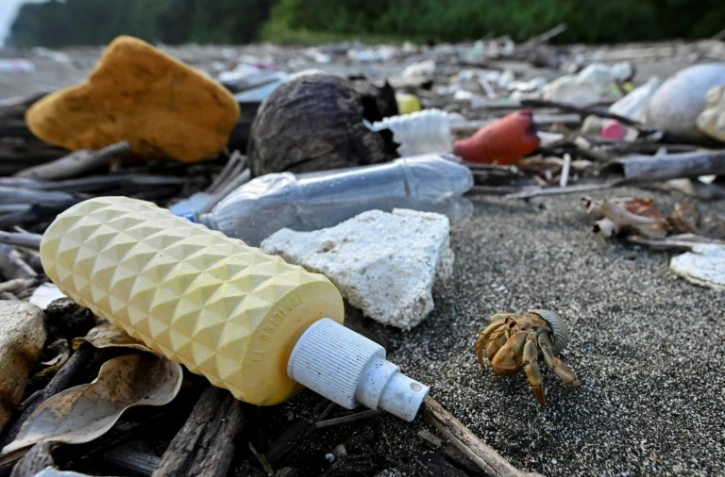 Un bernard-l'ermite marche sur une plage pleine de pollution plastique sur l'île de Gorgonilla, à côté de La Gorgone, dans l'océan Pacifique au large de la côte sud-ouest de la Colombie, le 1er décembre 2021
