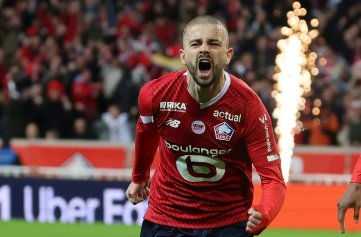 L'attaquant kosovar de Lille Edon Zhegrova auteur d'un doublé contre Lens, le 29 mars 2024 à Villeneuve-d'Ascq