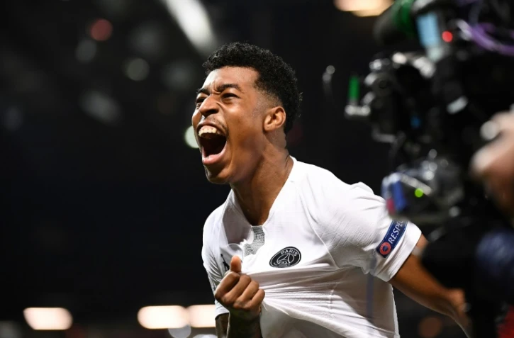 Le défenseur du PSG Presnel Kimpembe exulte après son but contre Manchester United, le 12 février 2019 à Old Trafford