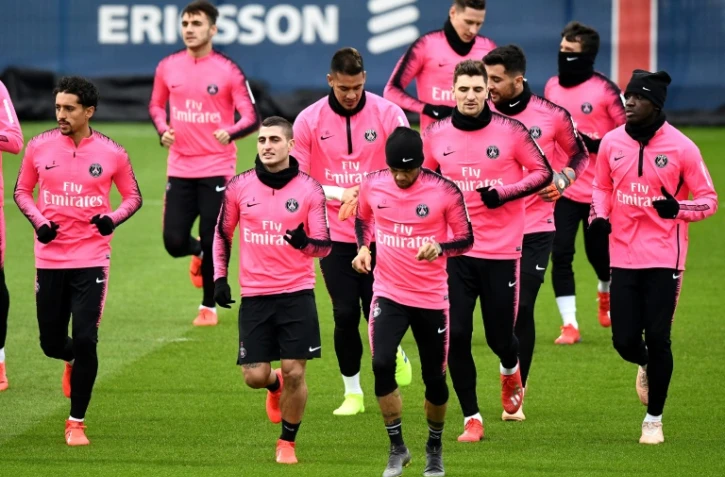 Les Parisiens préparent la réception de Bordeaux, lors d'une séance d'entraînement au Camp des Loges, le 8 février 2019 