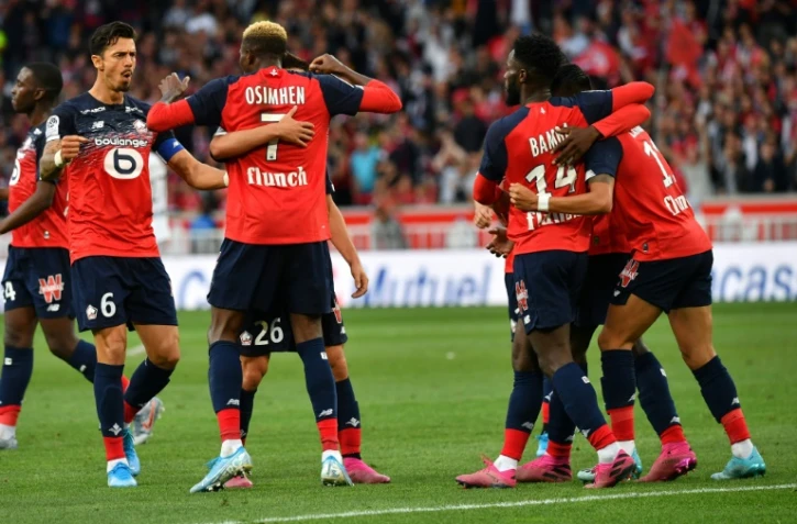 Les joueurs de Lille fĂŞtent leur victoire Ă domicile 2-1 sur Angers en L1 le 13 septembre 2019