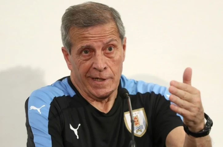 Le sélectionneur de l'Uruguay, Oscar Washington Tabarez lors d'une conférence de presse le 6 juin 2017 avant le match amical Uruguay Italie