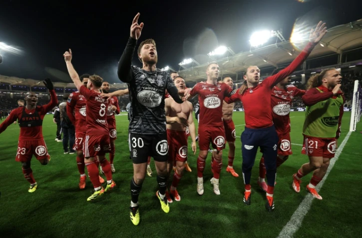 La joie des Brestois, vainqueurs à Toulouse et qualifiés pour la prochaine Ligue des champions, le 19 mai 2024