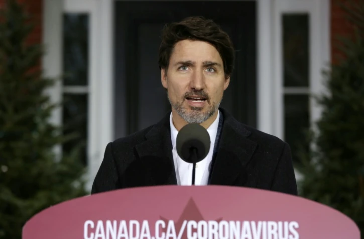Le Premier ministre canadien Justin Trudeau lors de sa conférence de presse quotidienne sur la crise du coronavirus, devant sa résidence officielle à Ottawa le 29 mars 2020