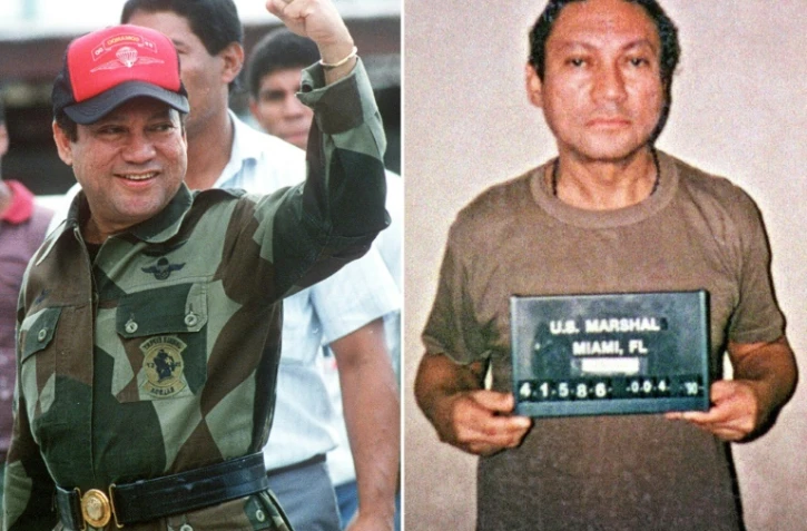 Le dictateur panaméen Manuel Noriega le 4 Octobre 1989 à Panama (g) et le 4 janvier 1990 à Miami