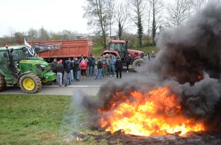 Des agriculteurs manifestent le 21 janvier 2016, près de Plestan (Côtes-d'Armor) pour protester contre la baisse des prix de la viande