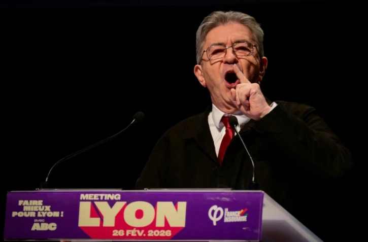 Jean-Luc Mélenchon, fondateur de La France Insoumise (LFI), lors d'un meeting de campagne du candidat LFI en tête de liste aux élections municipales de Lyon de 2026, le 26 février 2026