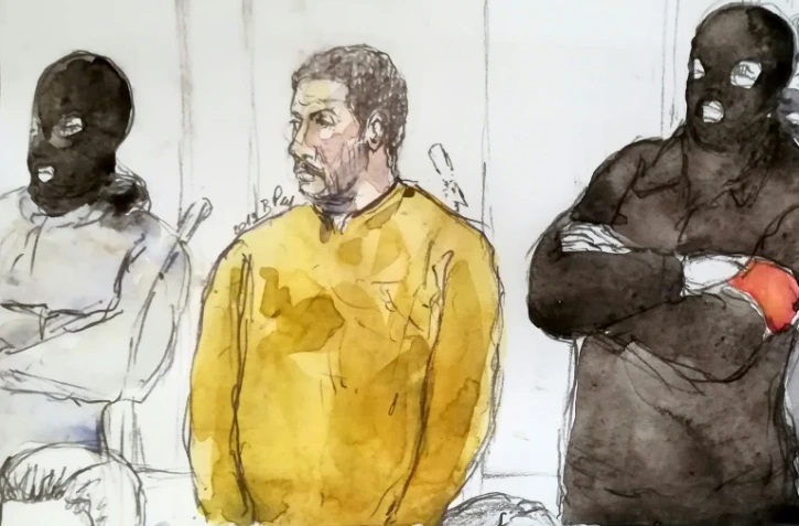 Mehdi Nemmouche, jugé pour la tuerie du musée juif de Bruxelles en 2014, sur un croquis d'audience réalisé le 10 janvier 2019 pendant son procès à Bruxelles