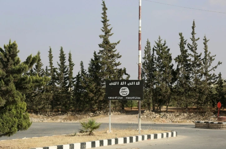 Un drapeau du groupe Etat islamique sur la route qui mène à Minbej, dans le nord de la Syrie, le 23 juin 2016