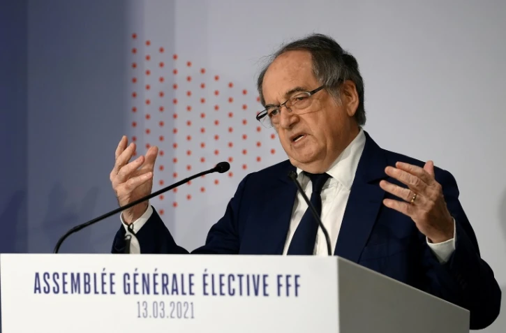 Le président de la Fédération française de football, Noël Le Graët, prononce un discours lors de l'assemblée générale de la FFF, avant sa réélection, le 13 mars 2021 à Paris 