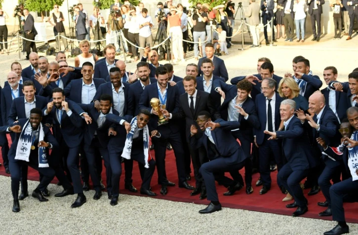 L'équipe de France de football, championne du monde, lors de leur réception au Palais de l'Elysée, le 16 juillet 2018