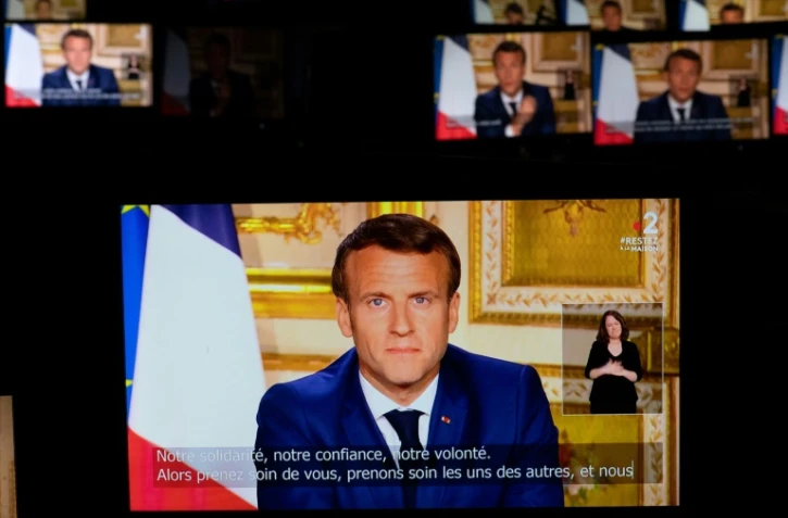 Capture d'écran du président Macron lors de son allocution télévisée depuis l'Elysée le 13 avril 2020