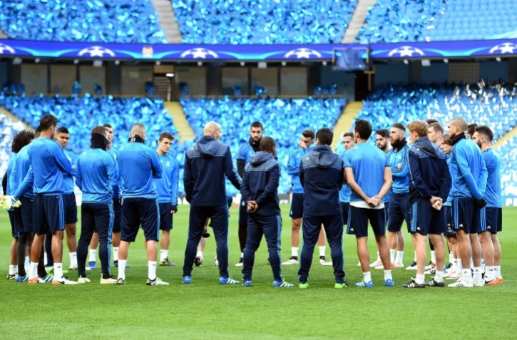 Les joueurs du Real Madrid lors d'un entraînement le 25 avril 2016 à l'Etihad Stadium de Manchester City