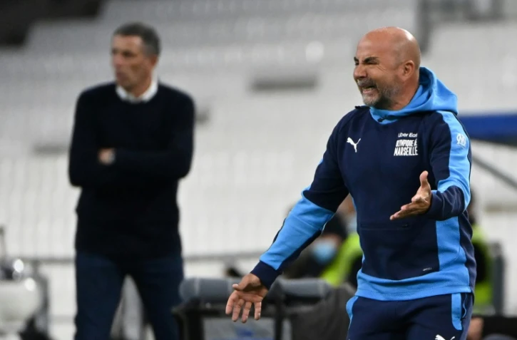 L'entraîneur de l'OM Jorge Sampaoli lors d'un match face à Strasbourg, le 30 avril 2021 au Vélodrome