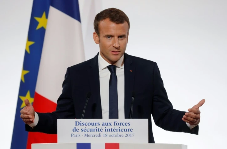 Emmanuel Macron s'adressant à l'Élysée aux représentants des forces de police, de gendarmerie et de l'opération Sentinelle, le 18 octobre 2017