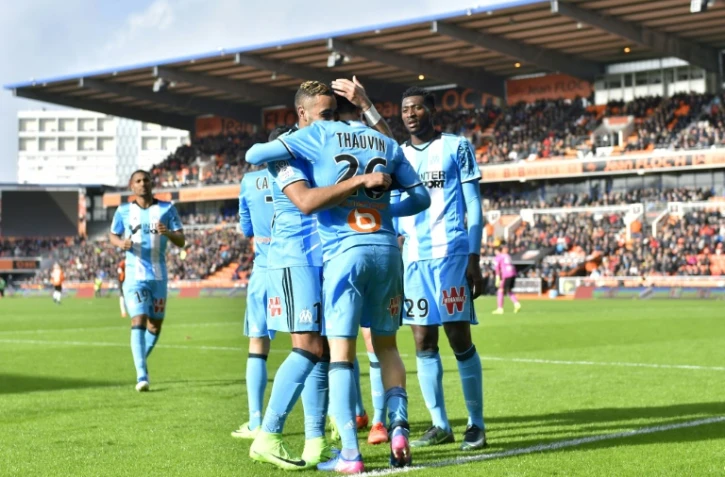 Les Marseillais vainqueurs à Lorient avec notamment un but de Florian Thauvin, le 5 mars 2017 au stade du Moustoir