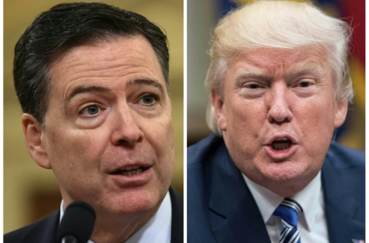 James Comey (G), alors directeur du FBI, le 20 mars 2017 à Washington et le président américain Donald Trump le 6 juin 2017 à Washington