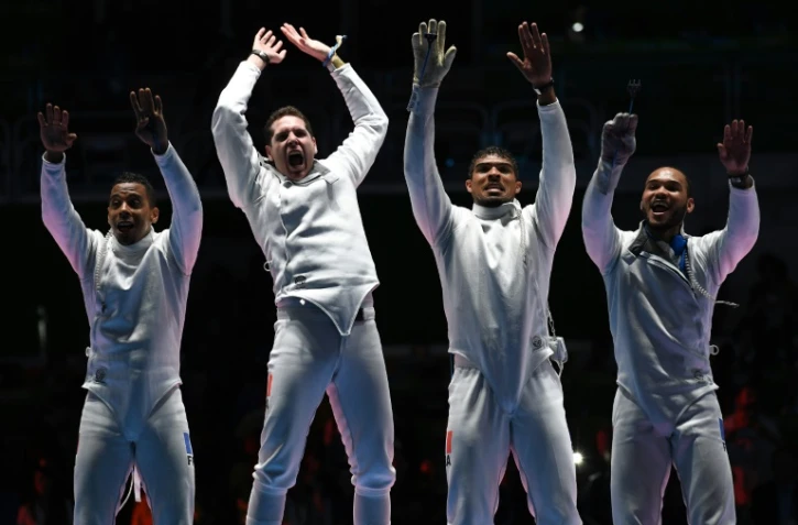 Les épéistes français champions olympiques devant l'Italie aux Jeux de Rio, le 14 août 2016